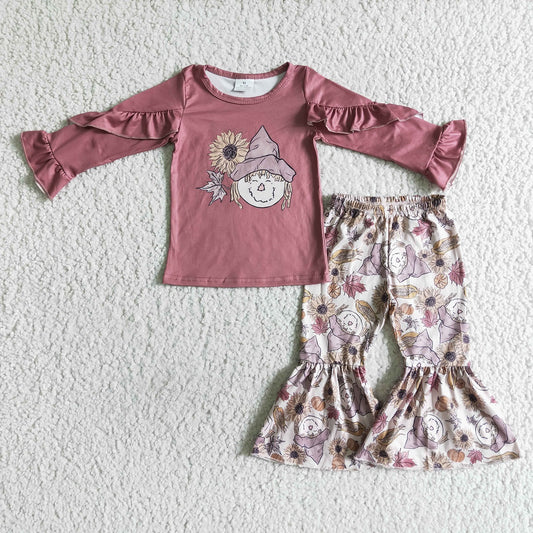 Promotion Baby Girl Toddler Long Sleeves Scarecrow Sunflower Shirt Pants Fall Set