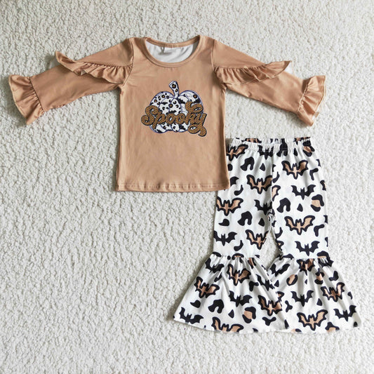 Promotion Baby Girls Kids Long Sleeves Spooky Pumpkin Shirt Pants Outfit RTS
