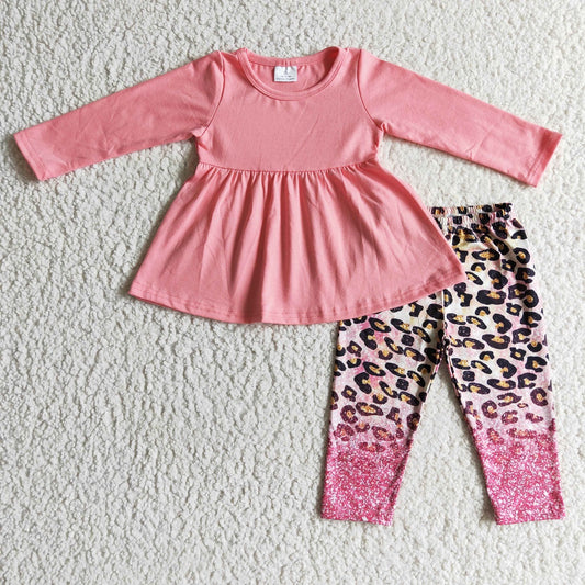 Promotion Baby Girl Kids Long Sleeves Pink Cotton Tops Leopard Leggings Outfit