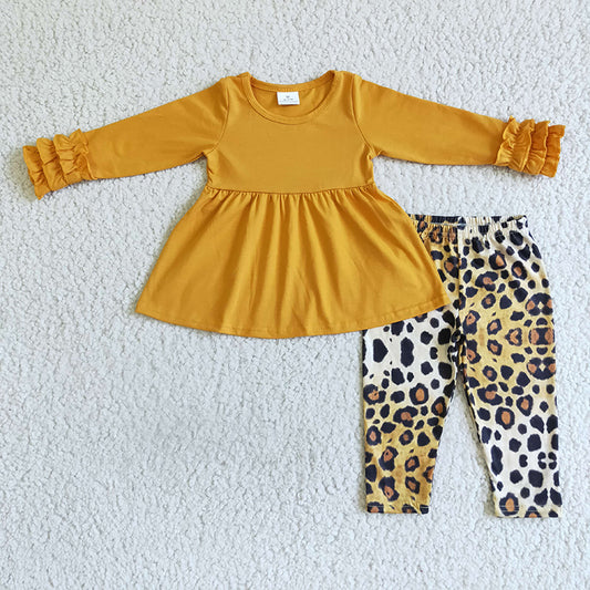 Promotion Baby Girl Kids Long Sleeves Yellow Cotton Tops Leopard Leggings Outfit