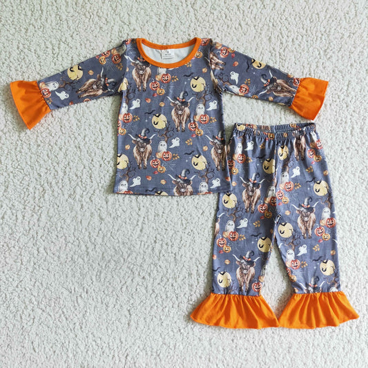 Promotion Baby Girl Long Sleeves Pumpkin Ghost Cow Shirt Pants Kids Halloween Pajamas Outfit