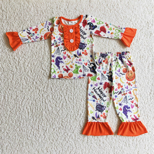 Promotion Baby Girl Long Sleeves Halloween Shirt Pants Cartoon Pajamas Set RTS