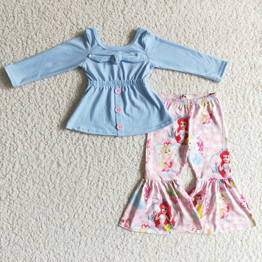 Promotion Baby Girl Long Sleeves Blue Tunic Princess Pink Pants Set