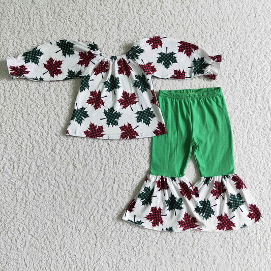 Promotion Baby Girl Long Sleeves Leaves Tops Bell Pants Christmas Set