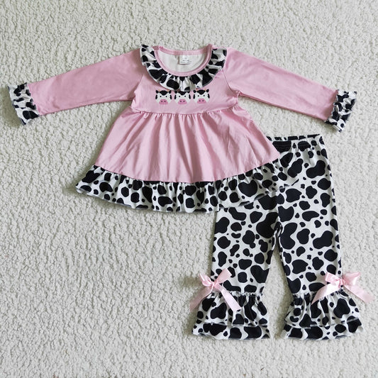 Promotion Baby Girl Long Sleeves Pink Tops Cow Print Western Pants Set