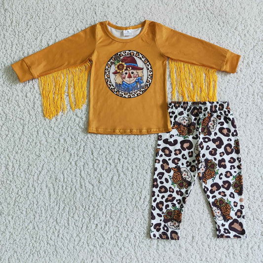 Promotion Baby Girl Long Sleeves Fall Tassel Scarecrow Shirt Leopard Pants Set