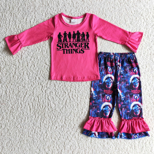 Promotion Baby Girl Long Sleeves Pink Shirt Cartoon Pants Set