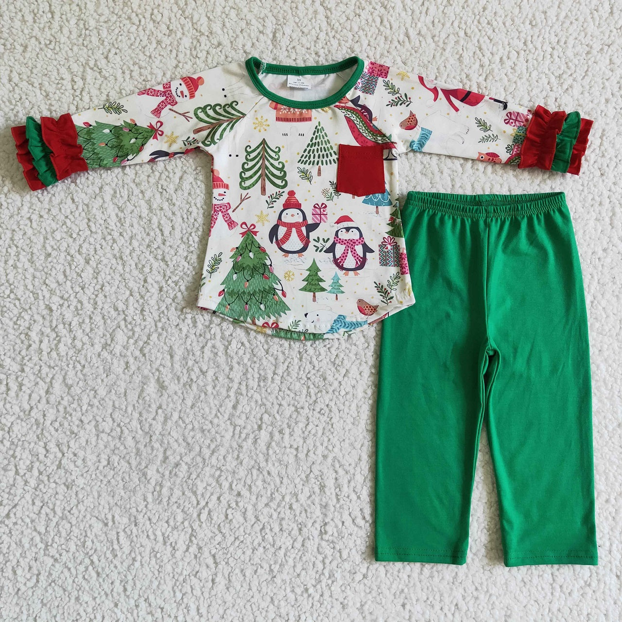 Promotion Baby Girl Long Sleeves Christmas Tree Shirt Green Pants Set