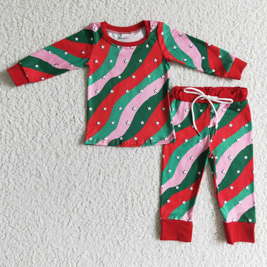 Promotion Baby Girl Long Sleeves Shirt Stripes Pants Christmas Pajamas Set