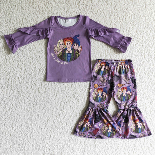 Promotion Baby Girl Ruffle Long Sleeves  Shirt Pants Purple Halloween Set