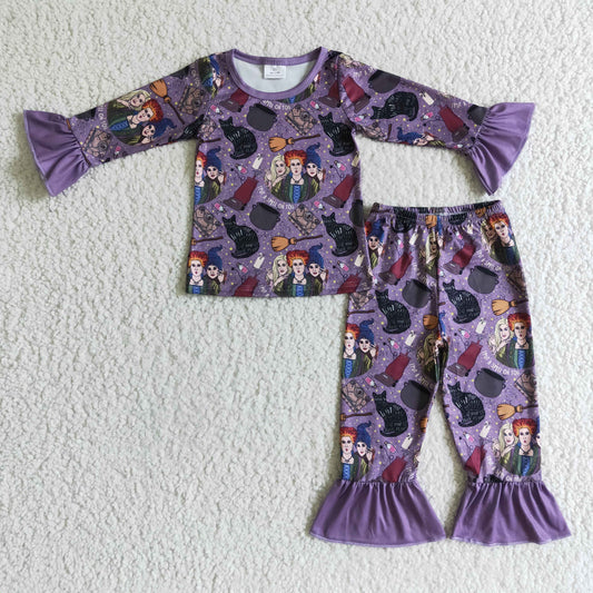 Promotion Baby Girl Long Sleeves Halloween Shirt Pants Purple Pajamas Set RTS