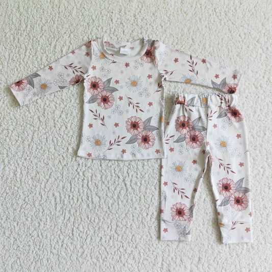 Promotion Baby Girl Flower Long Sleeves Shirt Pants Pajamas Outfit