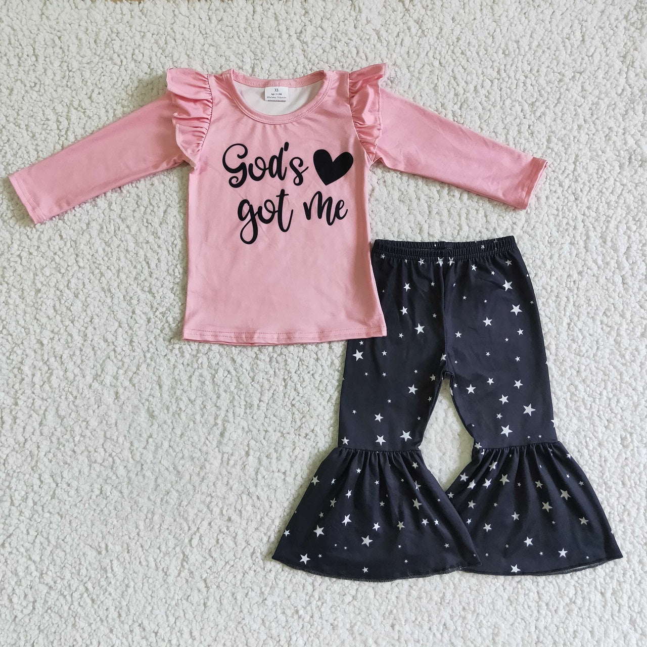 Promotion Baby Girl Long Sleeves Heart Pink Shirt Black Stars Pants Set