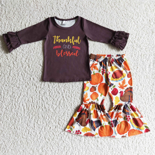 Promotion Baby Girl Kids Thankful Pumpkin Bell Pants Outfit RTS