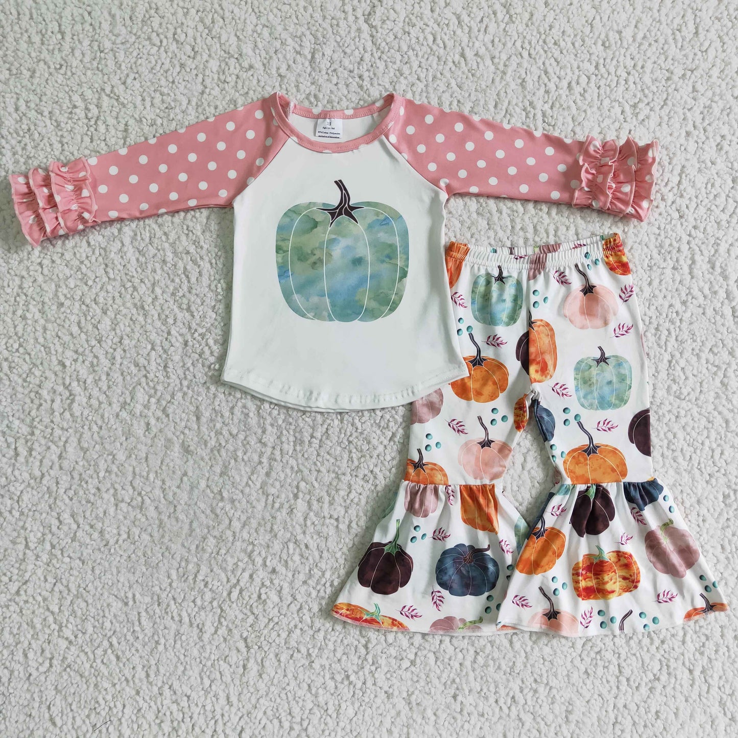 Promotion Baby Girl Kids Ruffle Long Sleeves Shirt Pumpkins Bell Pants Outfit RTS