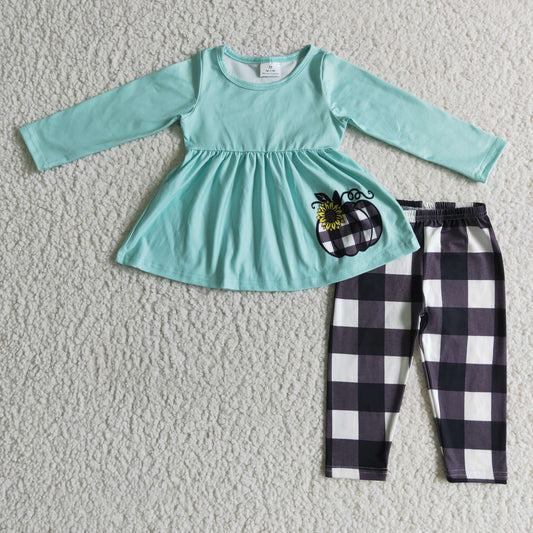 Promotion Baby Girl Long Sleeves Pumpkin Tunic Black Plaid Pants Outfit RTS