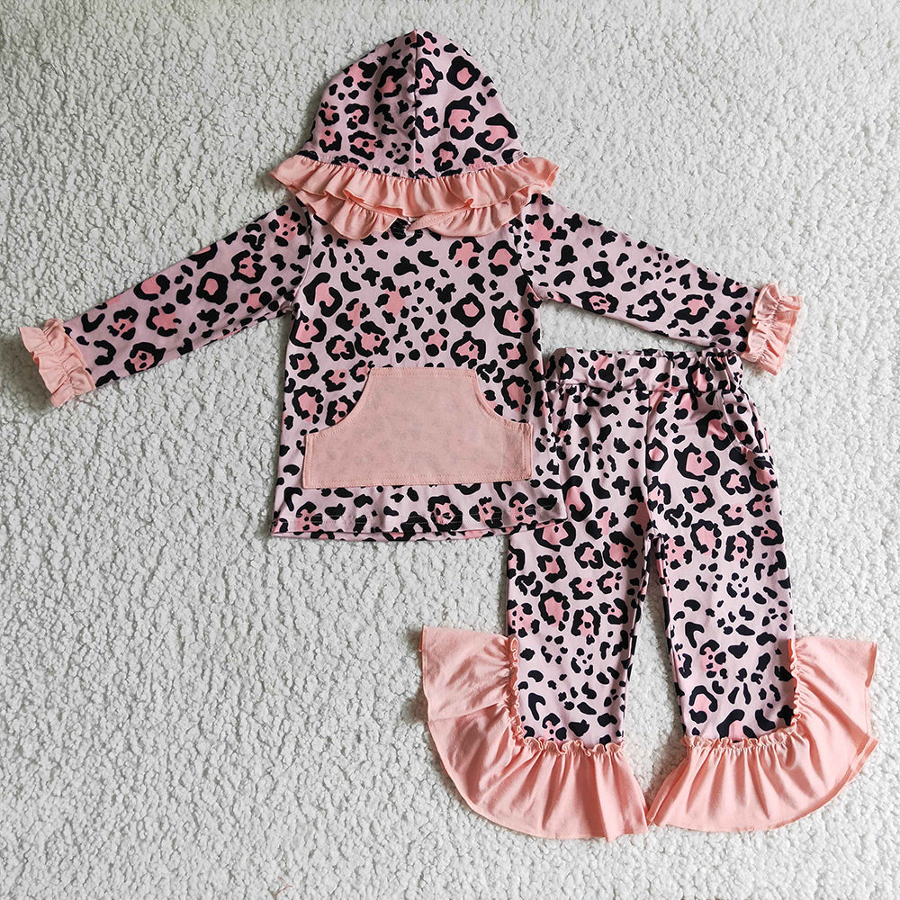 Baby Girl Long Sleeves Leopard Flower Hoodie Shirt Pants Sibling Clothes Set