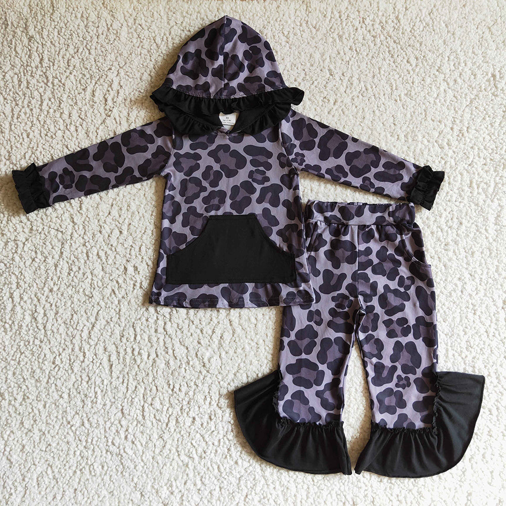 Baby Girl Long Sleeves Leopard Flower Hoodie Shirt Pants Sibling Clothes Set