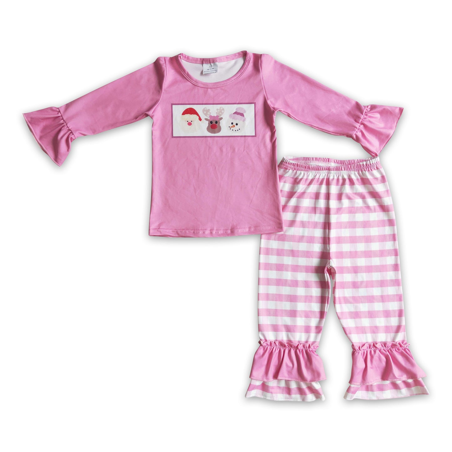 Promotion Baby Girl Long Sleeves Christmas Santa Snowman Pink Pajamas Outfit