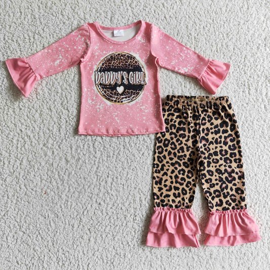 Promotion Baby Kids Pink Long Sleeves Daddy's Girl Shirt Leopard Pants Kids Outfit Set