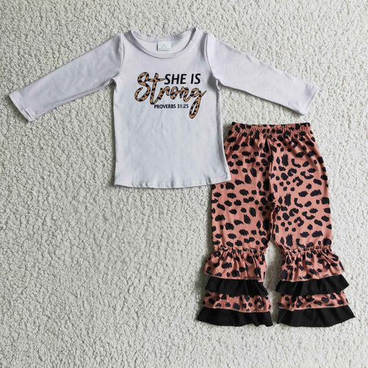 Promotion Baby Girl Grey Long Sleeves She Is Strong Shirt Leopard Ruffle Pants Set