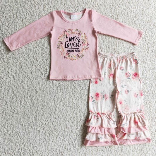 Promotion Baby Girl I'm Loved Pink Shirt Floral Pants Valentine's Day Outfit