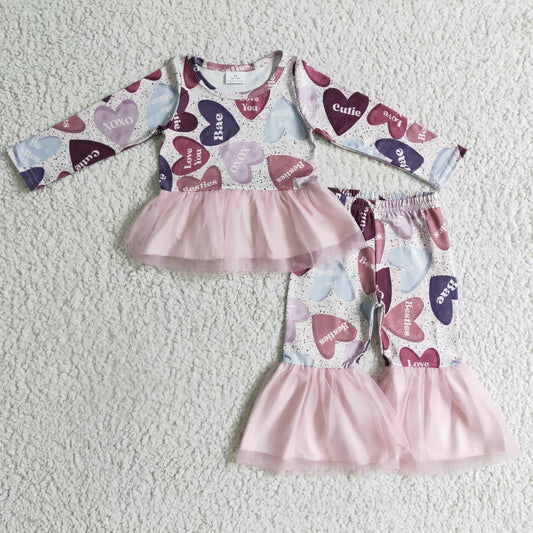 Promotion Baby Girl Long Sleeves Heart Love Tops Pants Tulle Valentine's Day Outfit