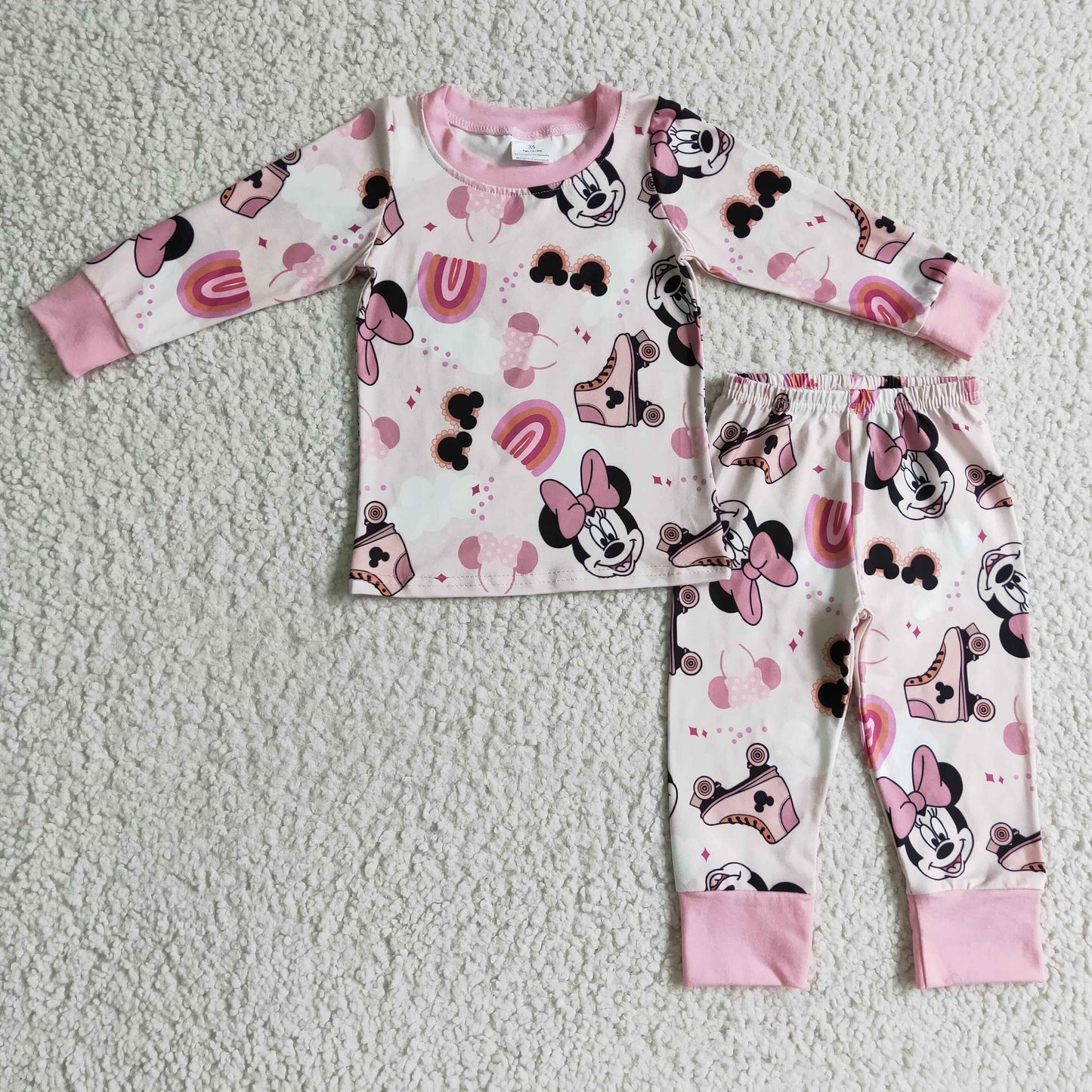 Promotion Baby Girl Long Sleeves Mouse Skates Shirt Pants Pajamas Outfit RTS