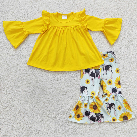 Promotion Baby Girl Long Sleeves Yellow Cotton Tunic Kids Sunflower Cow Bell Pants Outfit