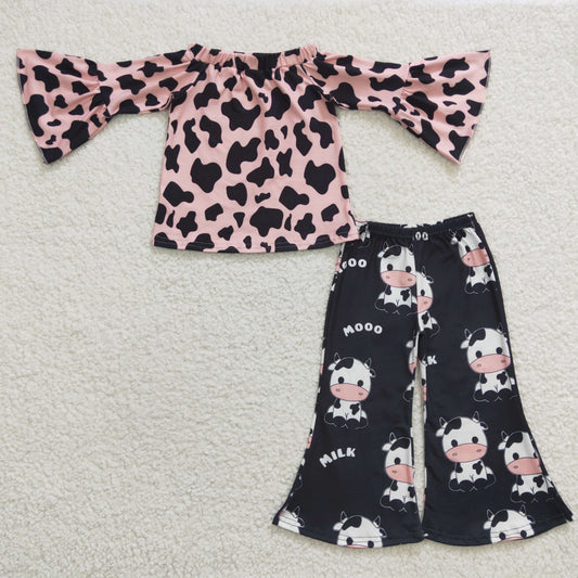 Promotion Baby Girl Bell Long Sleeves Cow Print Cow Milk Pants Western Outfit