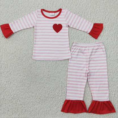 Baby Boy Girl Long Sleeves Valentines Embroidery Heart Stripes Sibling Pajamas Clothes Set