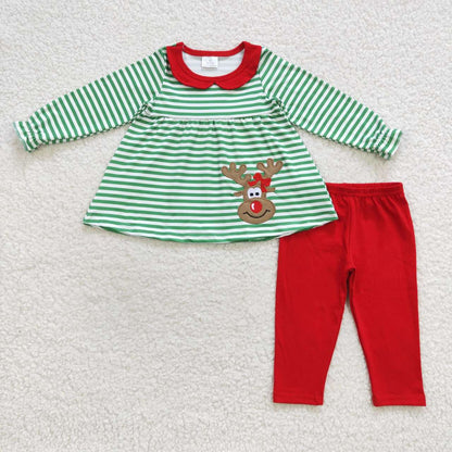 Sibling Baby Boys Girls Kids Christmas Embroidery Deer Green Stripes Romper Dress Sets RTS