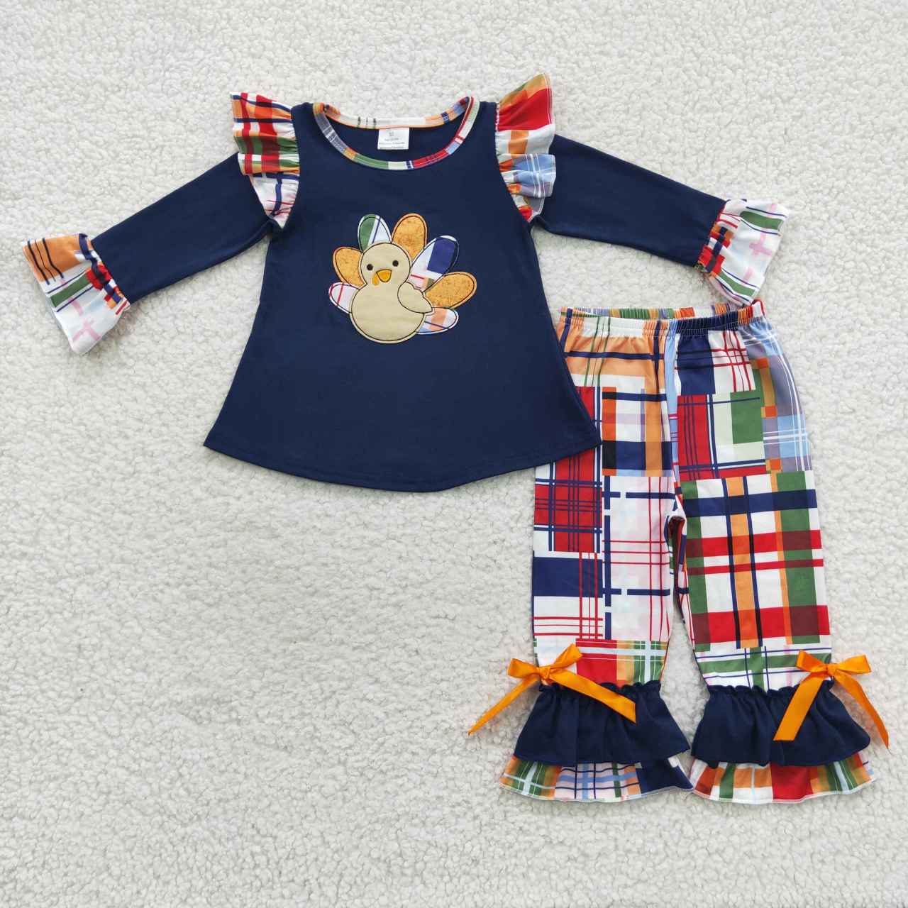 Sibling Baby Girls Long Sleeves Embroidery turkey Tunic Pants Thanksgiving Clothes Sets RTS