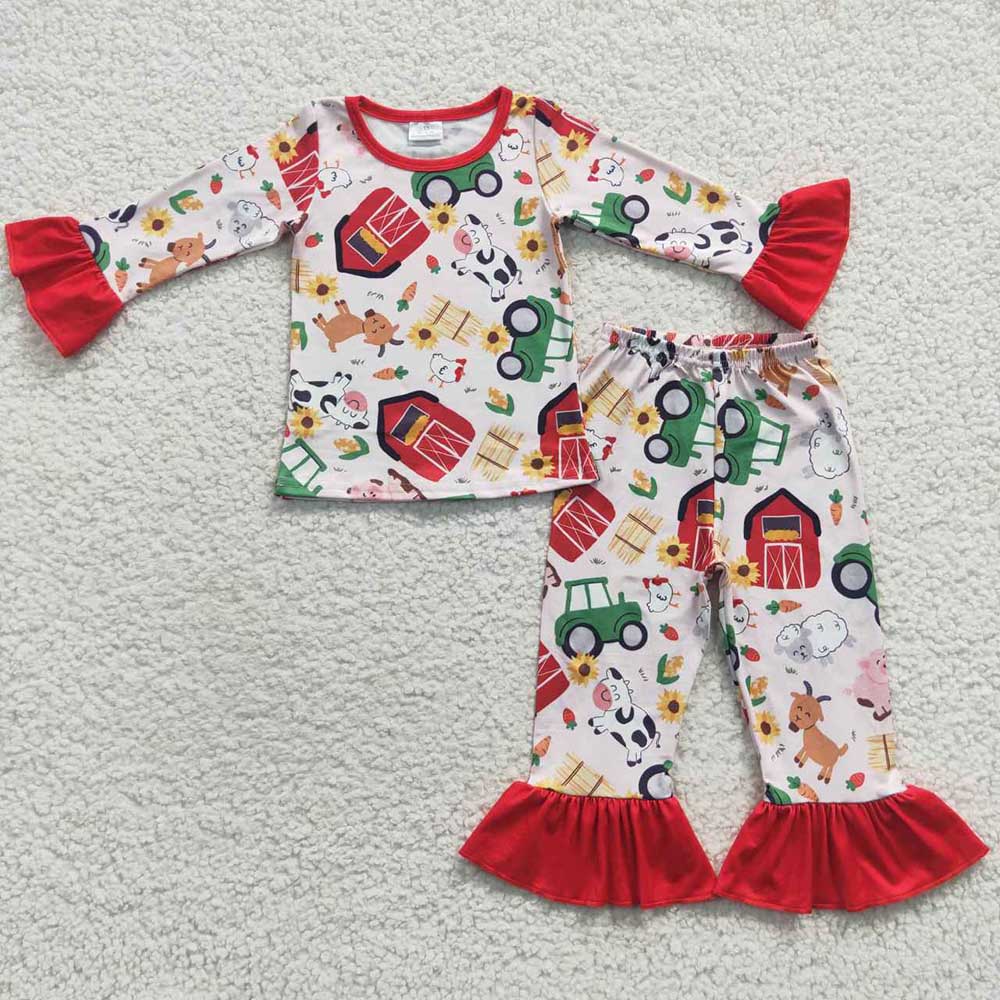Baby Boy Girl Long Sleeves Farm Animals Pajamas Clothes Sibling Set RTS