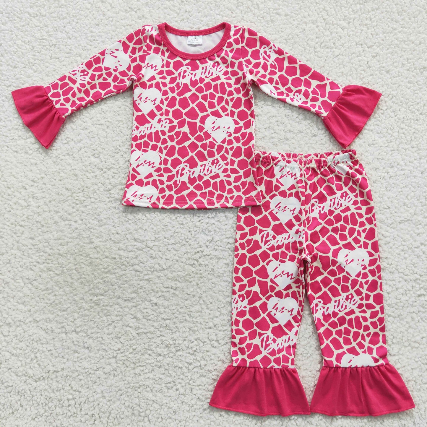 Promotion Baby Girl Long Sleeves Leopard Hearts Pants Pink Doll Pajamas Outfit