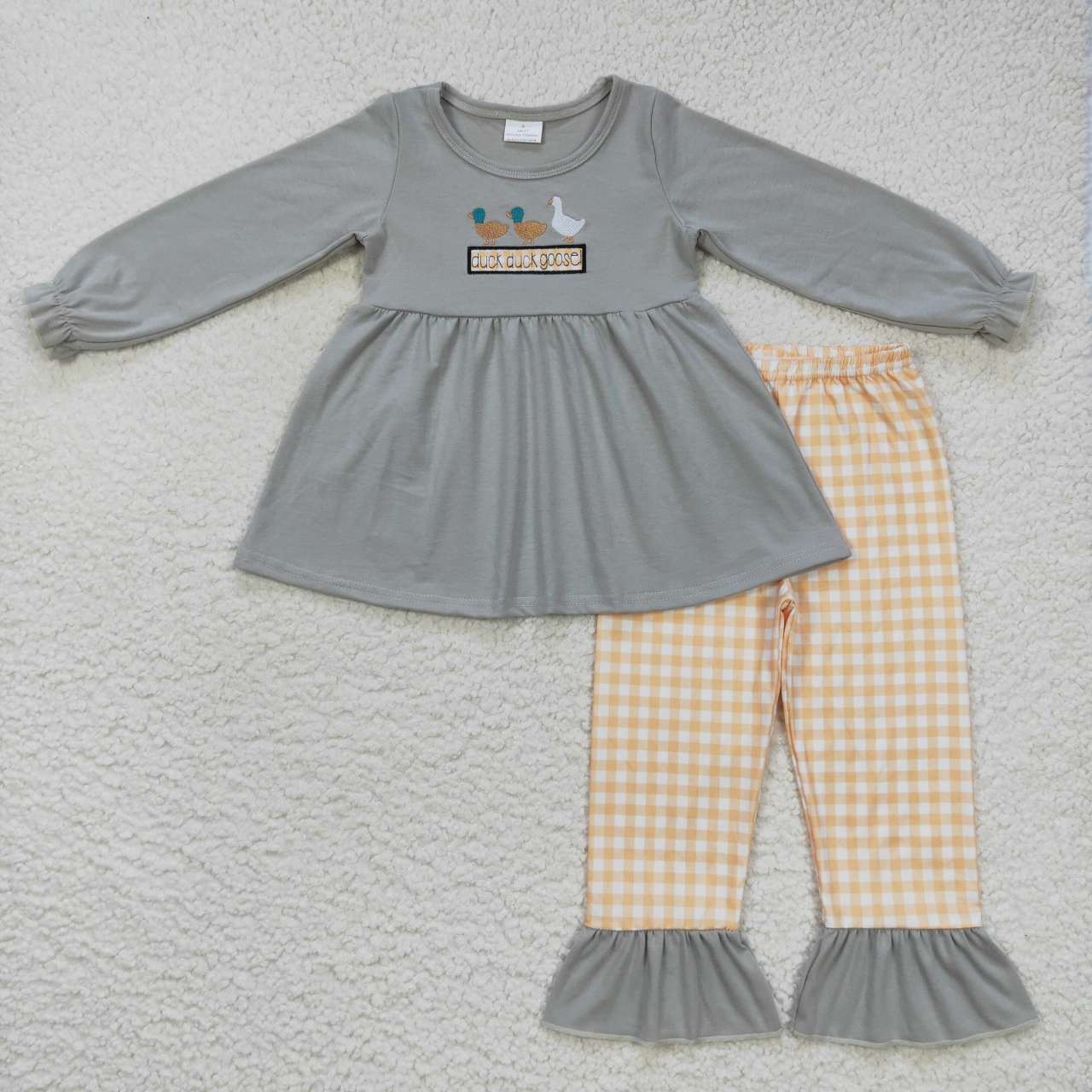Sibling Baby Boys Girls Long Sleeves Embroidery Ducks Plaid Pants Clothes Sets RTS