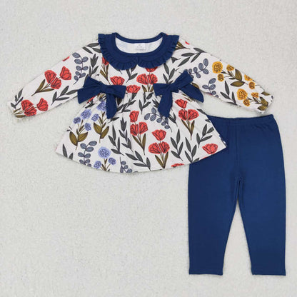 Sibling Baby Girls Toddler Long Sleeves Bows Flowers Tunic Pants Clothes Sets RTS