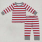 Sibling Boys Girls Kids Long Sleeves Grey Red Stripes Christmas Zipper Romper Outfit Pajamas RTSs
