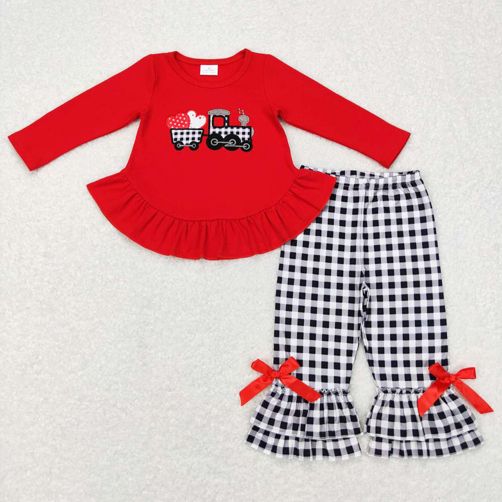 Baby Boy Girl Kids Valentines Embroidery Hearts Tractor Sibling Romper Clothes Set