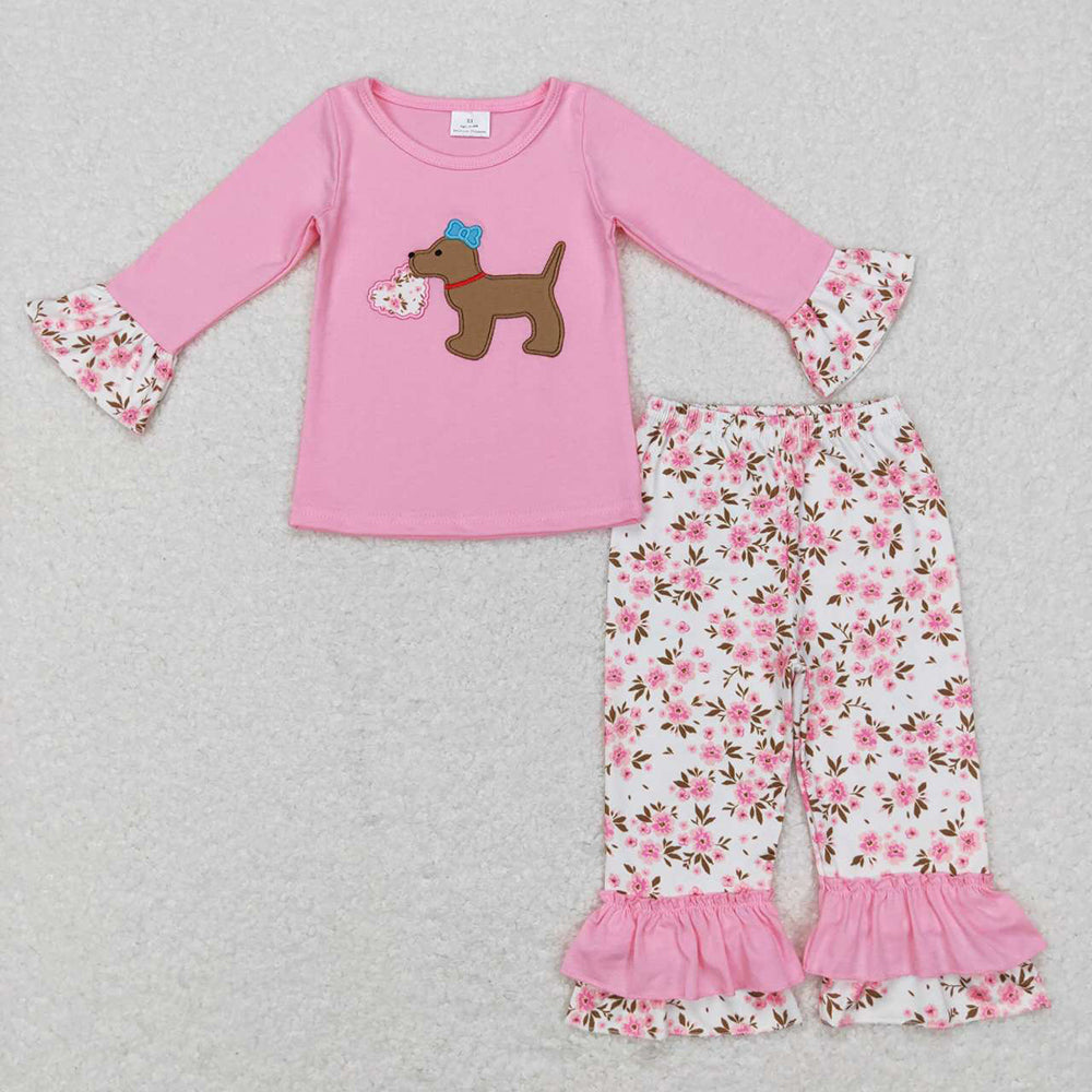 Sibling Baby Girls Valentine's Day Embroidery Dogs Hearts Floral Pink Romper Outfit RTS