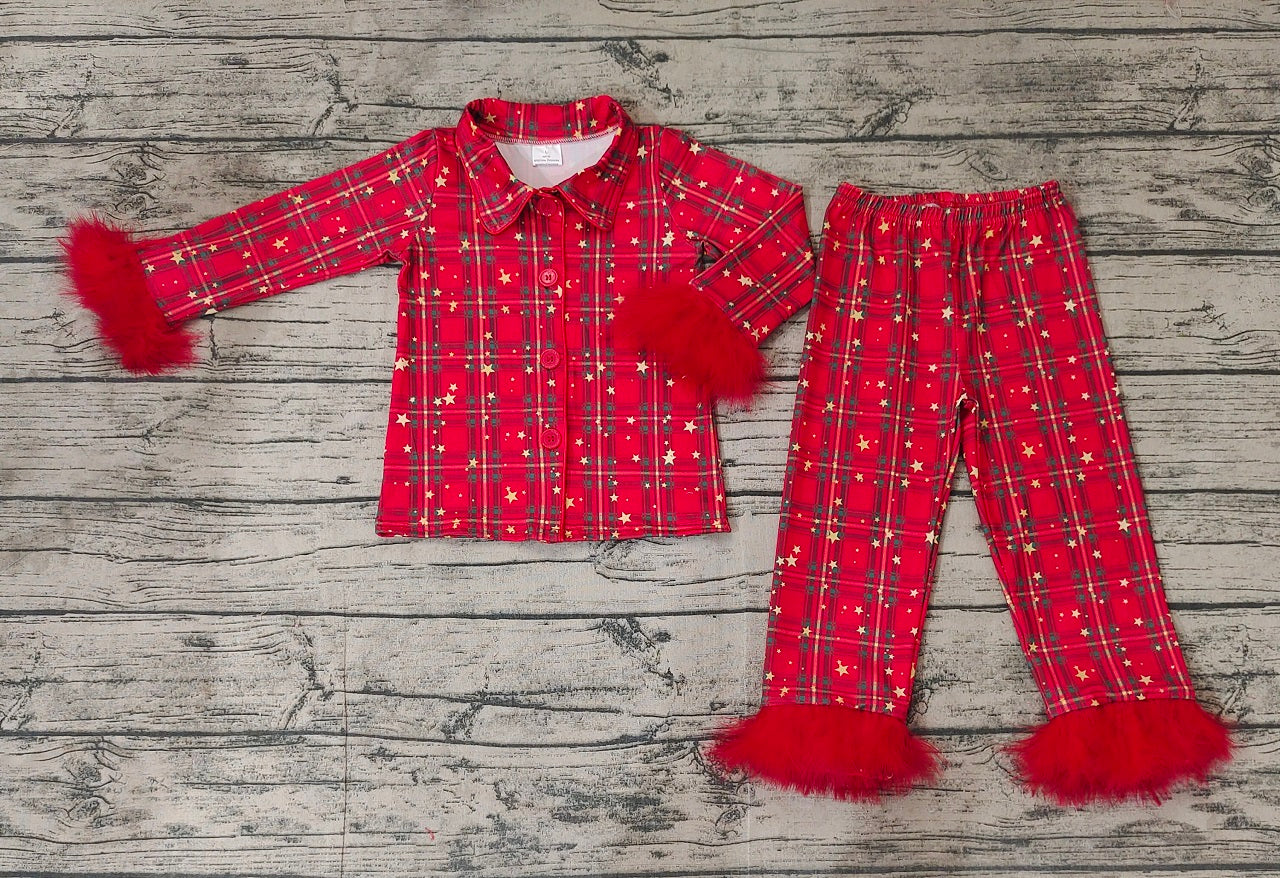 Baby Girl Christmas Fur Long Sleeves Buttons Shirt Pants Pajamas Plaid Stars Red Set