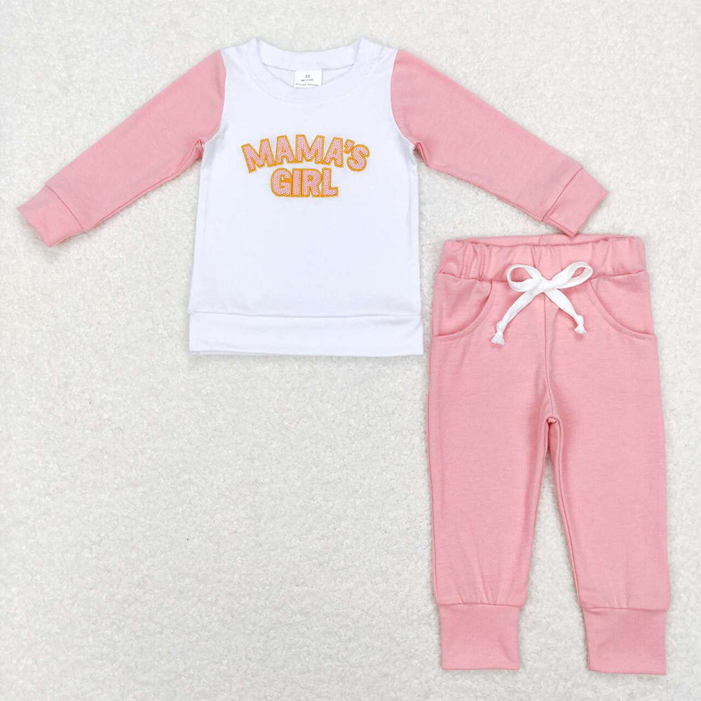 Baby Kids Long Sleeves Embroidery Mama's Boy Girl Children Shirt Pocket Pants Sibling Clothes Set