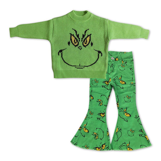 Baby Girl Christmas Face Sweater Green Denim Bell Pants Set