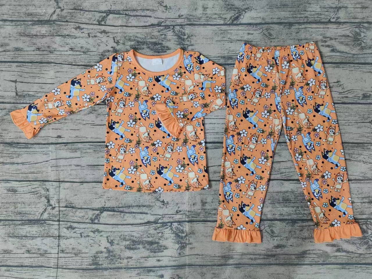 Baby Girl Long Sleeves Dogs Flower Shirt Pants Pajamas Orange Set