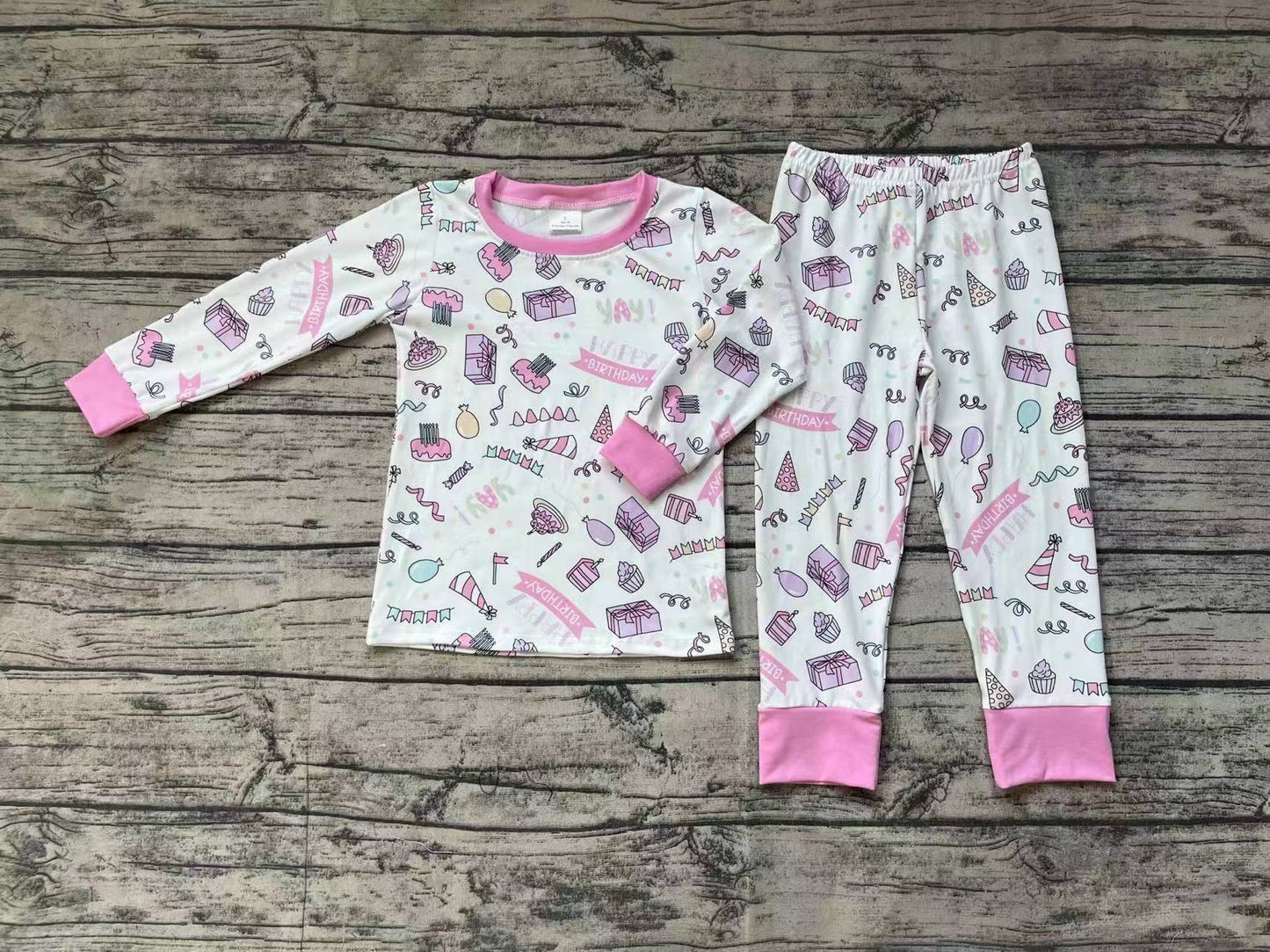 Baby Girl Long Sleeves Birthday Pink Shirt Pants Pajamas Set