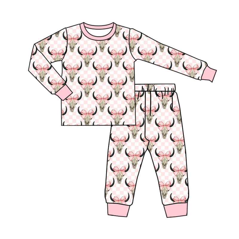 Pre-order Baby Girls Cow Skull Bow Shirt Pants Pajamas Clothes Set