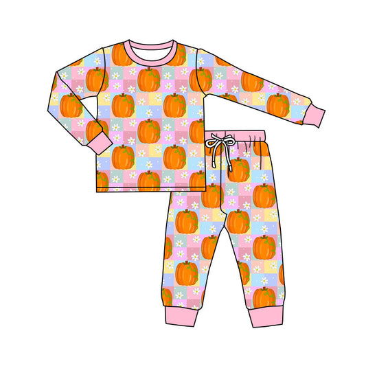 Pre-order Baby Girls Pumpkin Flowers Shirt Pants Pajamas Clothes Set