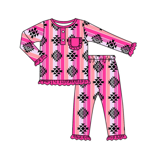 Pre-order Baby Girls Western Pink Aztec Tee Pants Pajamas Clothes Sets