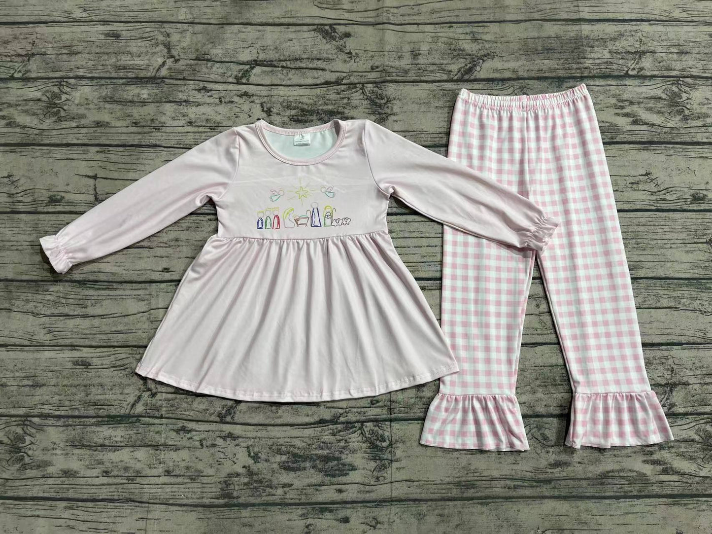 Baby Girl Long Sleeves Christmas Nativity Tunic Pink Plaid Pants Set