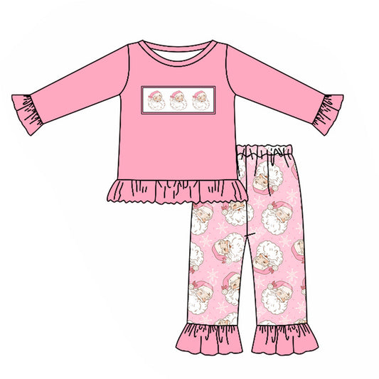 Pre-order Baby Girls Christmas Pink Santas Tee Ruffle Pants Clothes Sets
